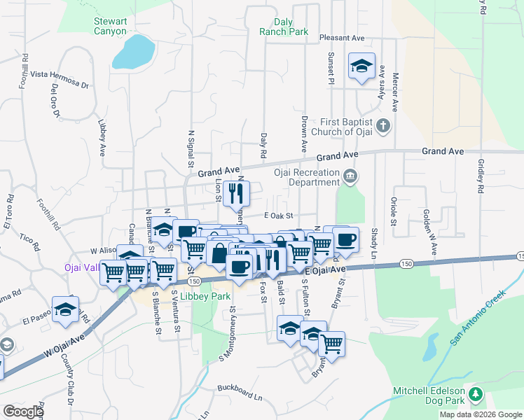 map of restaurants, bars, coffee shops, grocery stores, and more near 416 East Oak Street in Ojai