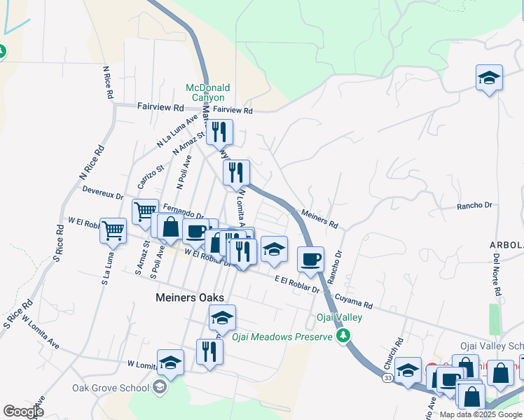 map of restaurants, bars, coffee shops, grocery stores, and more near 1975 Maricopa Highway in Ojai