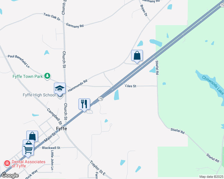 map of restaurants, bars, coffee shops, grocery stores, and more near 465 Main Street in Fyffe