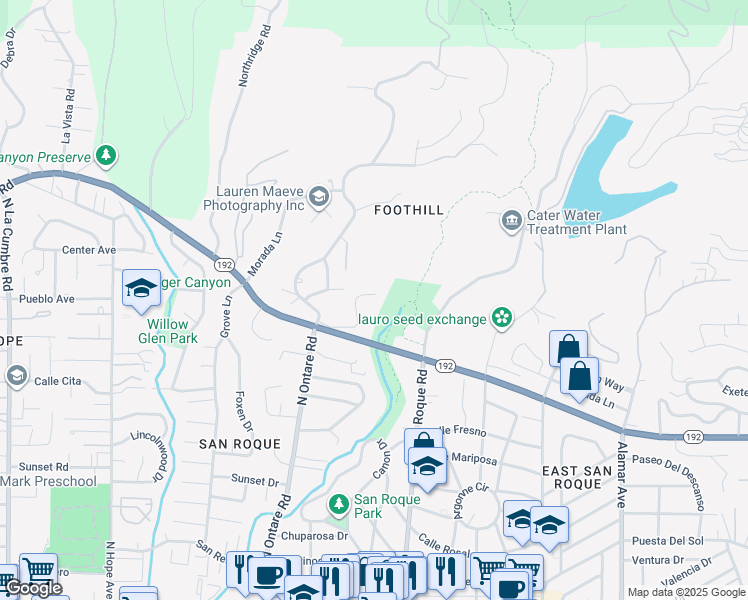 map of restaurants, bars, coffee shops, grocery stores, and more near 125 Canyon Acres Drive in Santa Barbara