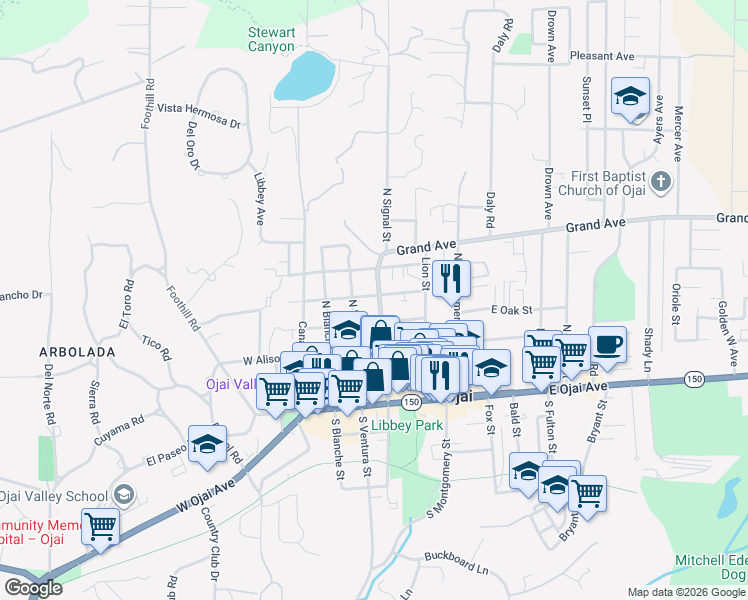 map of restaurants, bars, coffee shops, grocery stores, and more near 106 East Eucalyptus Street in Ojai