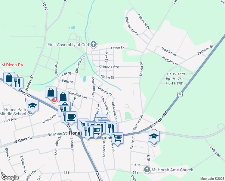 map of restaurants, bars, coffee shops, grocery stores, and more near 6 Texas Street in Honea Path