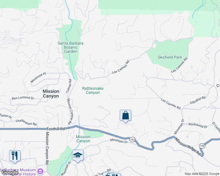 map of restaurants, bars, coffee shops, grocery stores, and more near 2251 Las Canoas Road in Santa Barbara
