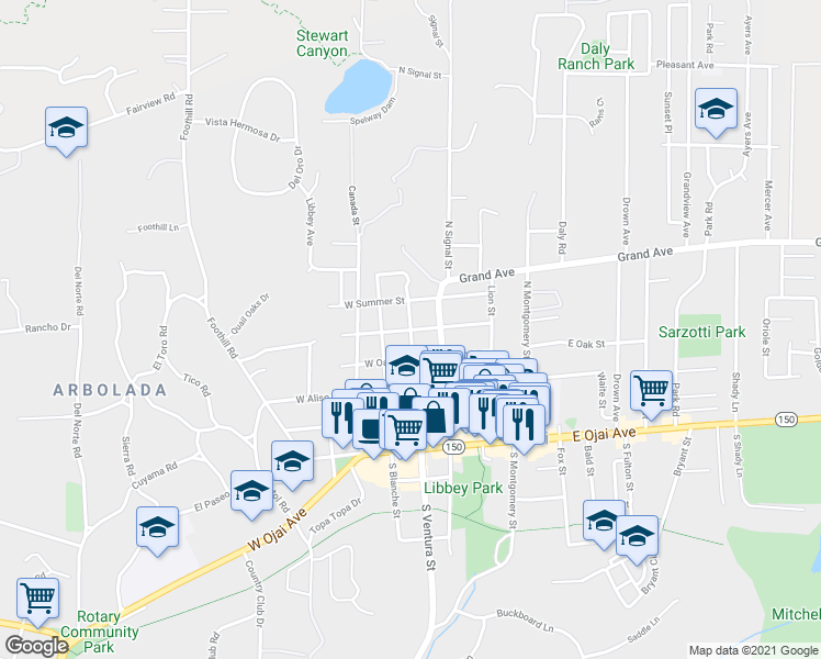 map of restaurants, bars, coffee shops, grocery stores, and more near North Ventura Street & West Eucalyptus Street in Ojai