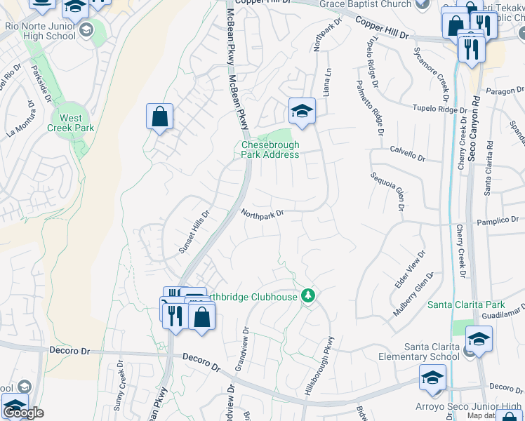 map of restaurants, bars, coffee shops, grocery stores, and more near 23516 Hearthside Court in Santa Clarita