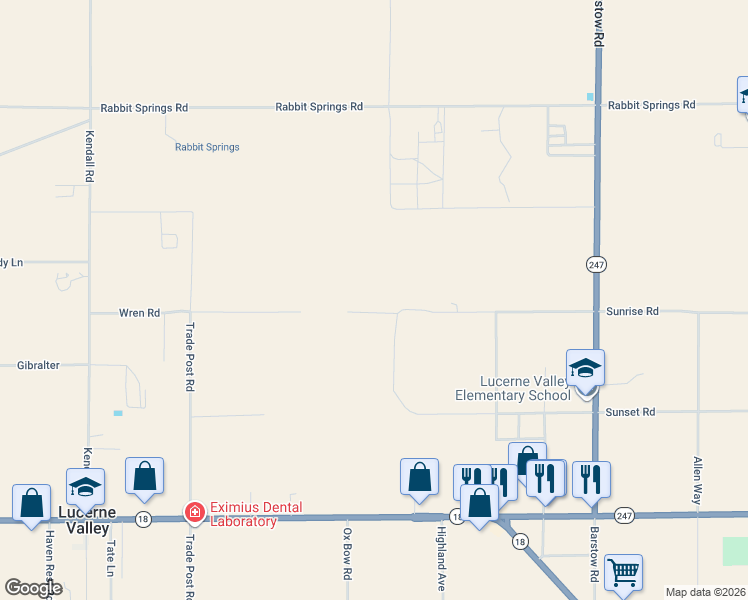 map of restaurants, bars, coffee shops, grocery stores, and more near 32480 Wren Road in Lucerne Valley