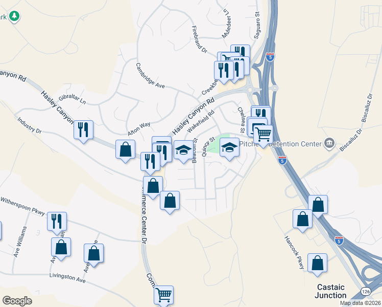 map of restaurants, bars, coffee shops, grocery stores, and more near 27891 Beacon Street in Castaic