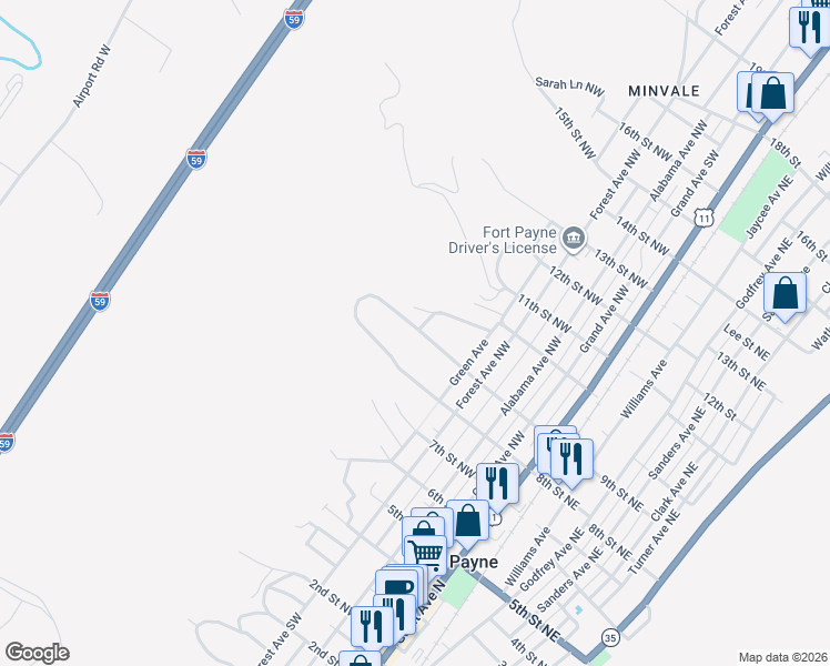 map of restaurants, bars, coffee shops, grocery stores, and more near 609 9th Street Northwest in Fort Payne