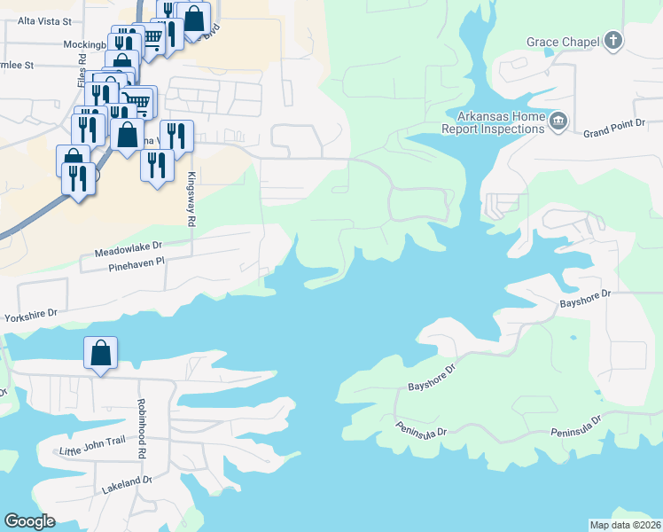 map of restaurants, bars, coffee shops, grocery stores, and more near 258 5 Points Road in Hot Springs