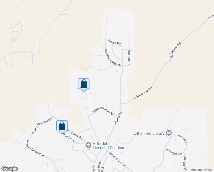 map of restaurants, bars, coffee shops, grocery stores, and more near Dahlia Ridge Drive in Santa Clarita