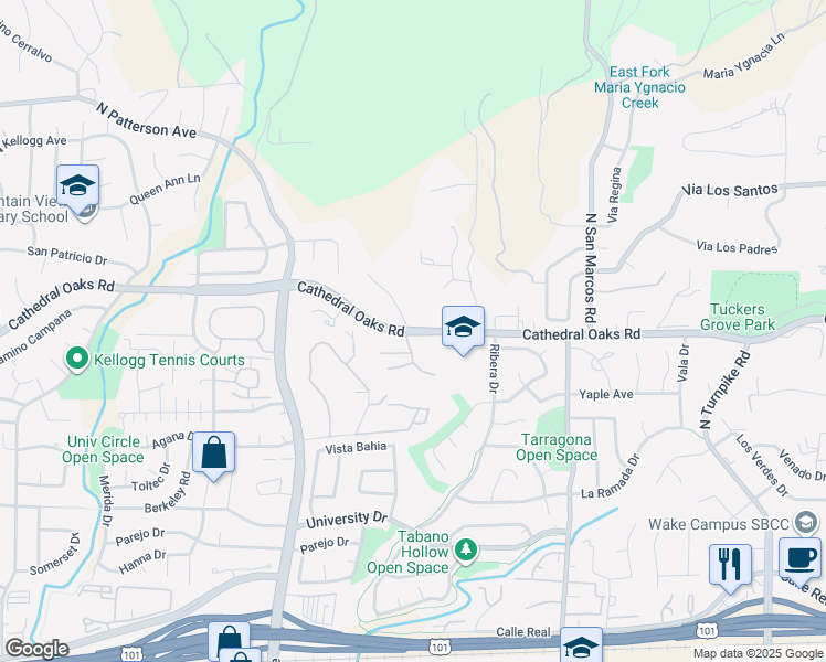 map of restaurants, bars, coffee shops, grocery stores, and more near 801 Poinsettia Way in Santa Barbara