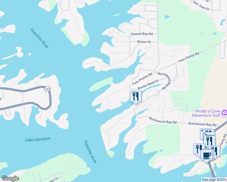 map of restaurants, bars, coffee shops, grocery stores, and more near 1246 Twin Points Road in Hot Springs