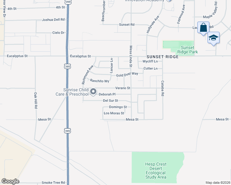 map of restaurants, bars, coffee shops, grocery stores, and more near 12406 Deborah Place in Victorville