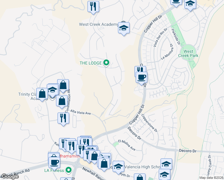 map of restaurants, bars, coffee shops, grocery stores, and more near Blacksmith Drive in Santa Clarita