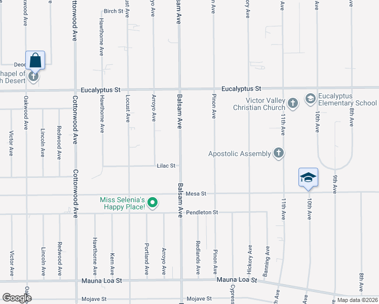 map of restaurants, bars, coffee shops, grocery stores, and more near 11077 Balsam Avenue in Hesperia