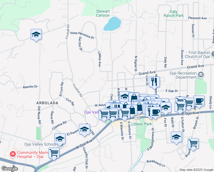 map of restaurants, bars, coffee shops, grocery stores, and more near 308 West Eucalyptus Street in Ojai