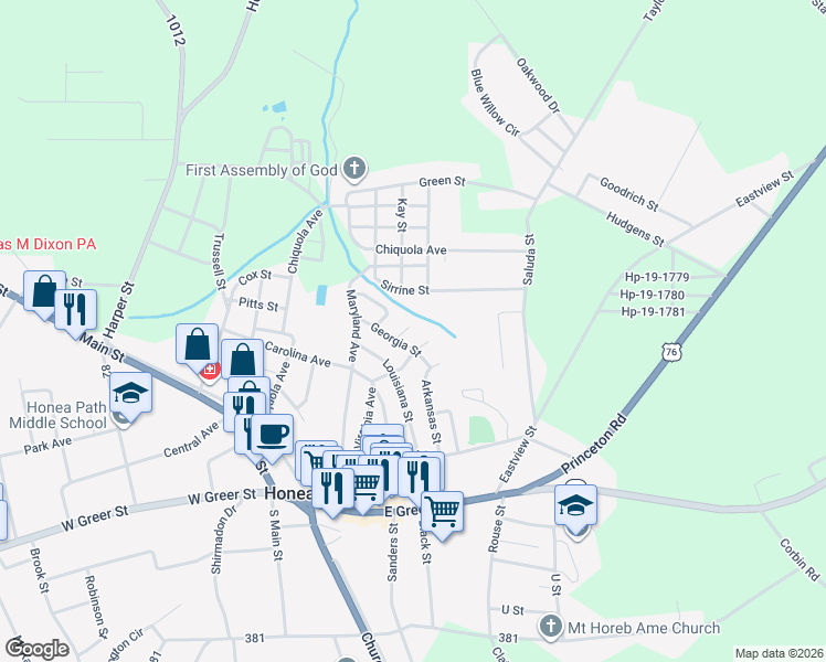 map of restaurants, bars, coffee shops, grocery stores, and more near 6 Texas Street in Honea Path