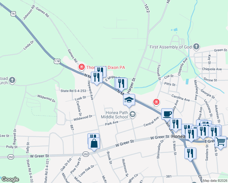 map of restaurants, bars, coffee shops, grocery stores, and more near 4 North Main Street in Honea Path