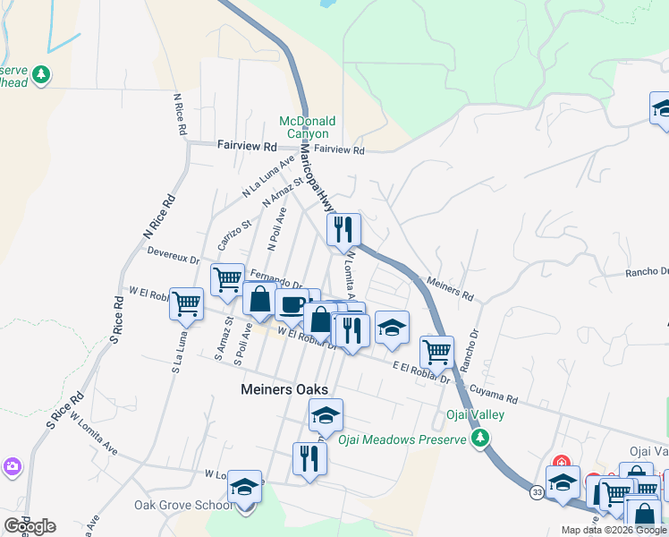 map of restaurants, bars, coffee shops, grocery stores, and more near 240 North Padre Juan Avenue in Ojai