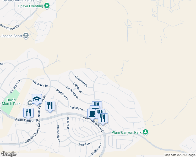 map of restaurants, bars, coffee shops, grocery stores, and more near 19352 Bension Drive in Santa Clarita