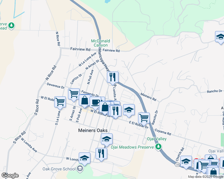 map of restaurants, bars, coffee shops, grocery stores, and more near 263 North Lomita Avenue in Ojai