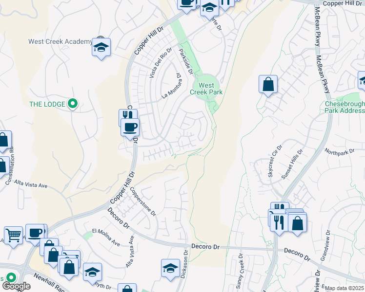 map of restaurants, bars, coffee shops, grocery stores, and more near 24272 Verdugo Circle in Santa Clarita