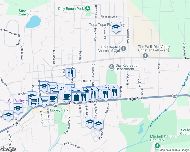 map of restaurants, bars, coffee shops, grocery stores, and more near 413 Drown Avenue in Ojai