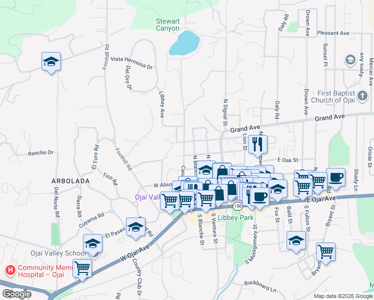 map of restaurants, bars, coffee shops, grocery stores, and more near 507 Canada Street in Ojai