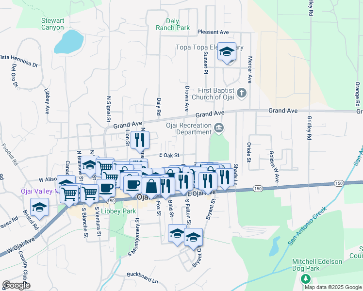 map of restaurants, bars, coffee shops, grocery stores, and more near 411 Drown Avenue in Ojai