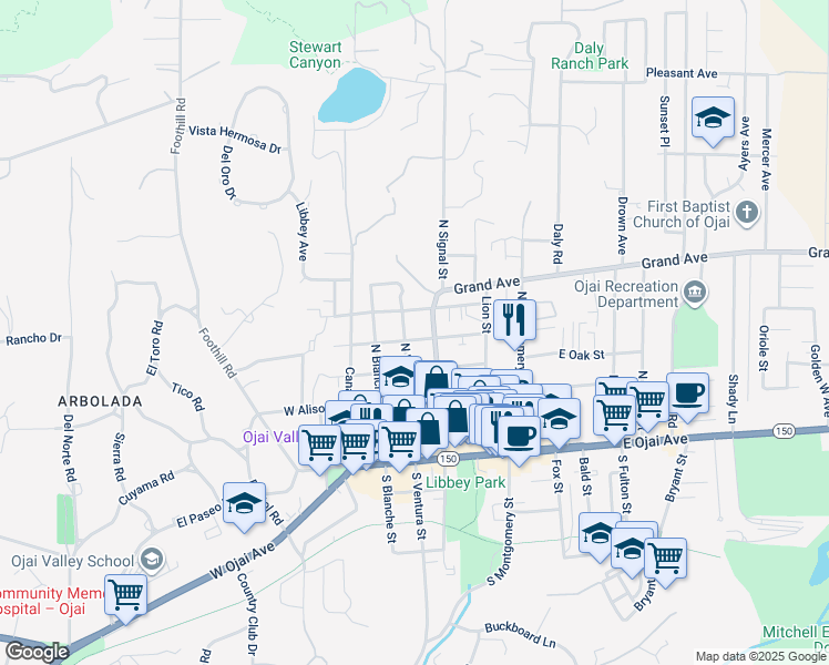 map of restaurants, bars, coffee shops, grocery stores, and more near 106 East Eucalyptus Street in Ojai