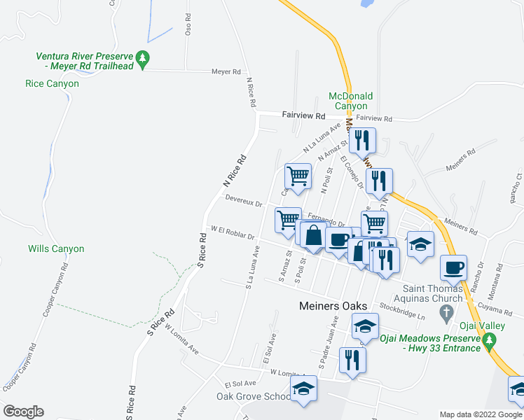 map of restaurants, bars, coffee shops, grocery stores, and more near 195 North La Luna Avenue in Ojai