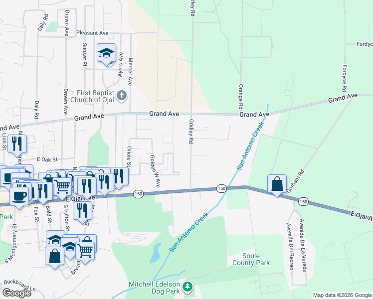 map of restaurants, bars, coffee shops, grocery stores, and more near 435 Gridley Road in Ojai