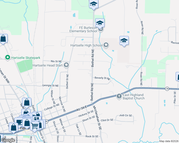 map of restaurants, bars, coffee shops, grocery stores, and more near 807 Bethel Road Northeast in Hartselle