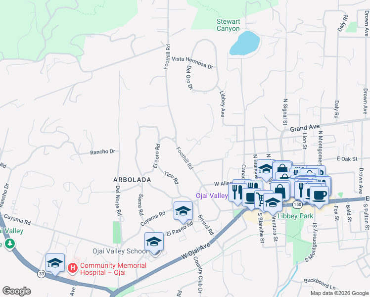 map of restaurants, bars, coffee shops, grocery stores, and more near 520 Foothill Road in Ojai