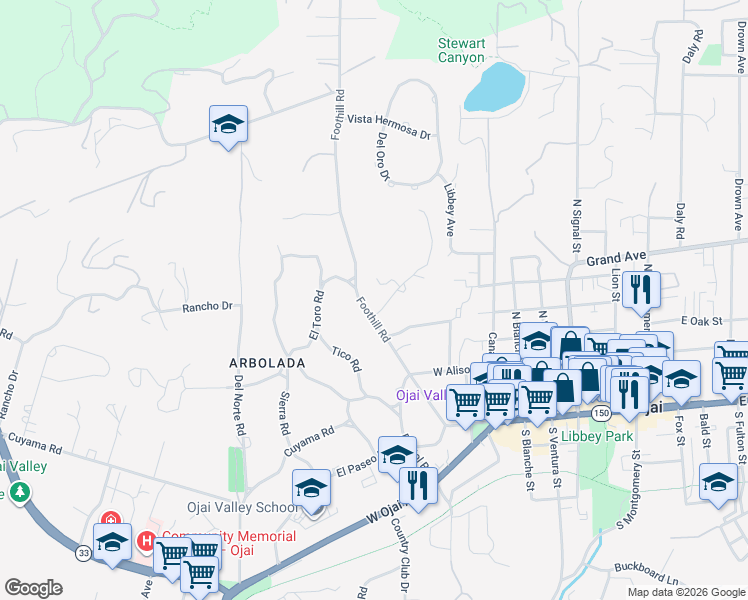 map of restaurants, bars, coffee shops, grocery stores, and more near 520 Foothill Road in Ojai