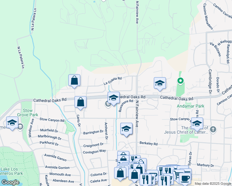 map of restaurants, bars, coffee shops, grocery stores, and more near 6073 Paseo Palmilla in Goleta