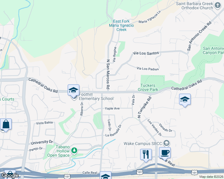 map of restaurants, bars, coffee shops, grocery stores, and more near 4974 Cathedral Oaks Road in Santa Barbara