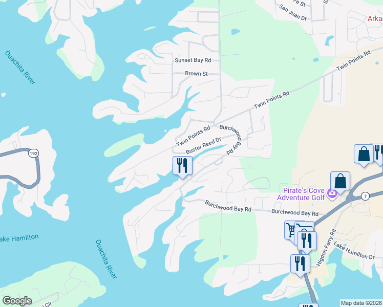 map of restaurants, bars, coffee shops, grocery stores, and more near 133 Buster Reed Drive in Hot Springs