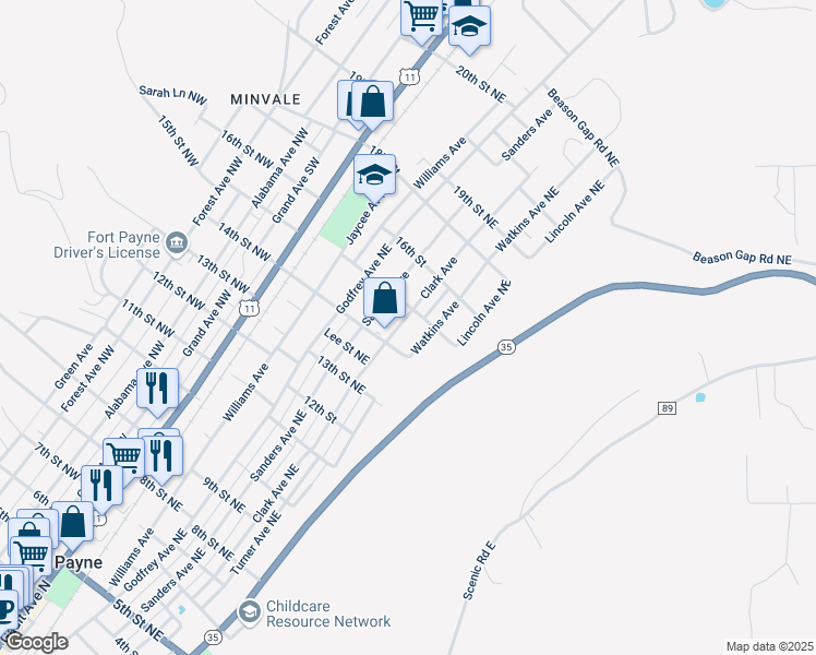 map of restaurants, bars, coffee shops, grocery stores, and more near 504 15th Street in Fort Payne