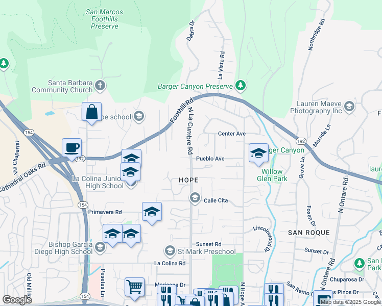 map of restaurants, bars, coffee shops, grocery stores, and more near 810 North La Cumbre Road in Goleta