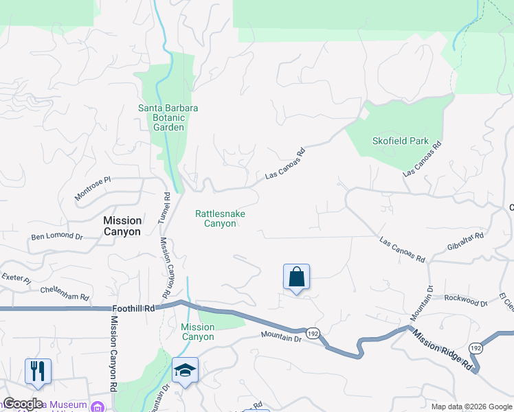 map of restaurants, bars, coffee shops, grocery stores, and more near 2251 Las Canoas Rd in Santa Barbara