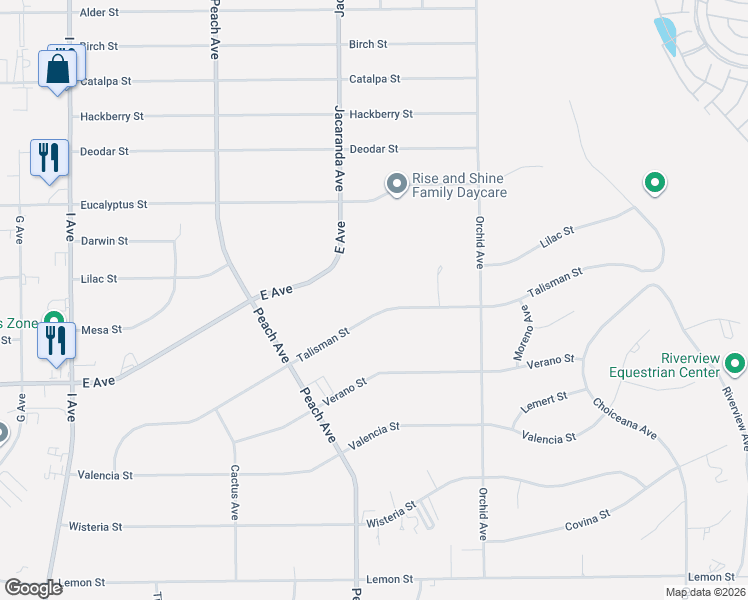 map of restaurants, bars, coffee shops, grocery stores, and more near 18312 Talisman Street in Hesperia