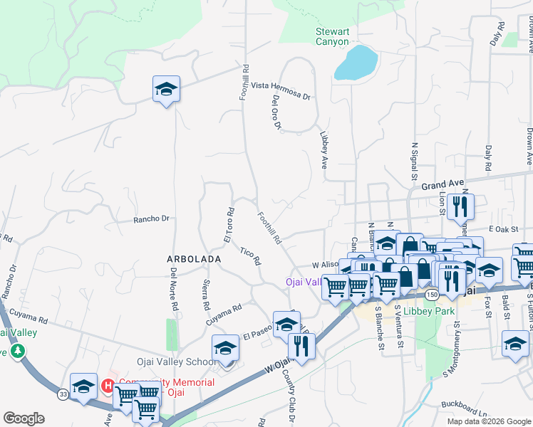 map of restaurants, bars, coffee shops, grocery stores, and more near 520 Foothill Road in Ojai