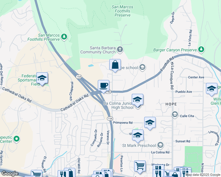 map of restaurants, bars, coffee shops, grocery stores, and more near 813 Cieneguitas Road in Santa Barbara