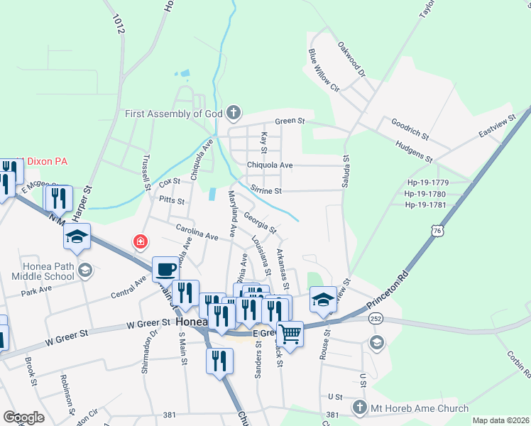 map of restaurants, bars, coffee shops, grocery stores, and more near 6 Texas Street in Honea Path