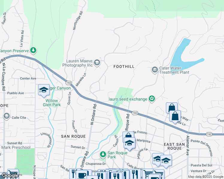 map of restaurants, bars, coffee shops, grocery stores, and more near 125 Canyon Acres Drive in Santa Barbara