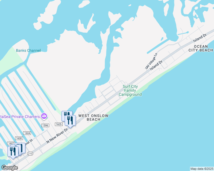 map of restaurants, bars, coffee shops, grocery stores, and more near 2334 Reeves Street in North Topsail Beach