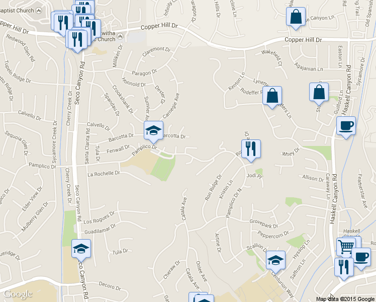 map of restaurants, bars, coffee shops, grocery stores, and more near 22438 Georgia Ln in Santa Clarita