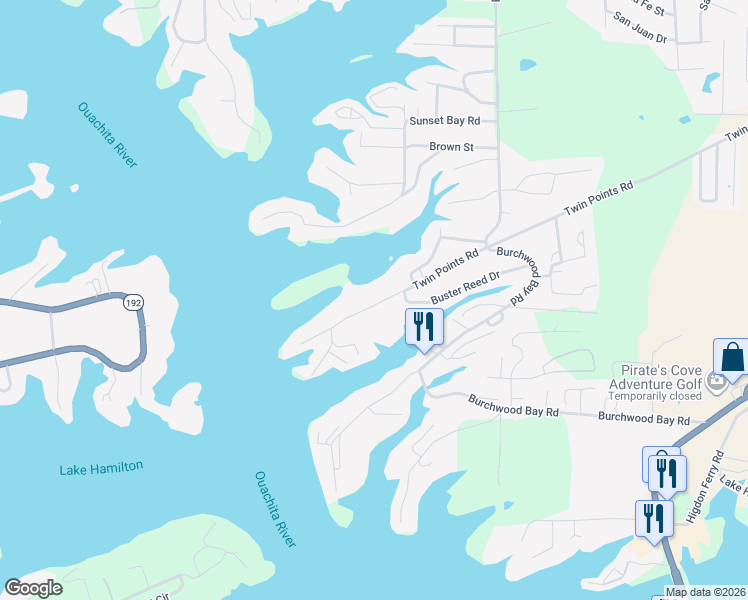 map of restaurants, bars, coffee shops, grocery stores, and more near 1124 Twin Points Road in Hot Springs