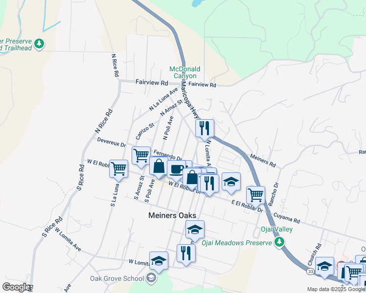 map of restaurants, bars, coffee shops, grocery stores, and more near 239 North Encinal Avenue in Ojai